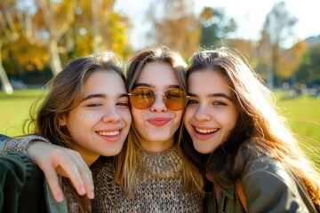 Obraz premium A group of young women standing side by side, smiling and chatting