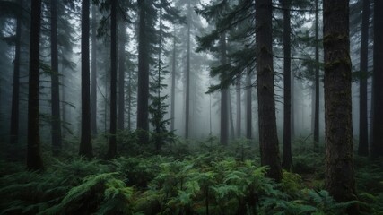 Fototapeta premium A tranquil, misty forest scene with tall evergreen trees and lush ferns covering the forest floor, creating a mysterious and peaceful atmosphere. 