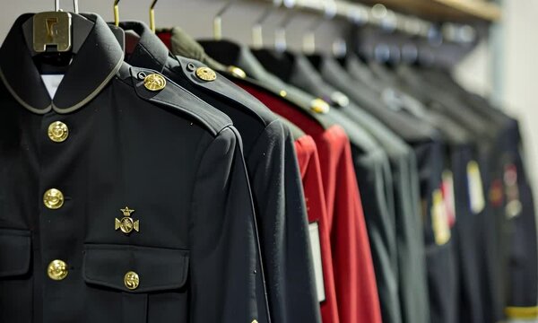 Uniform jackets with badges hanging in a row on rack, focus the first black jacket