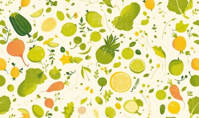 Symmetrical Seamless Pattern  Featuring Vegetables in Pastel Green on White Background