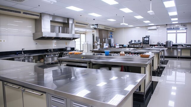 "Modern Commercial Kitchen with Stainless Steel Equipment"