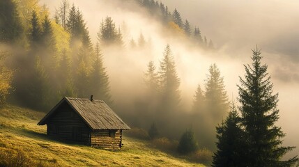 A serene sunlit cabin nestled in mysterious woodlands enveloped by a foggy morning atmosphere. The tranquil landscape captures the peacefulness of nature with soft light filtering through the trees