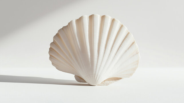 a single scallop shell with a pearly white interior and a delicate texture against an isolated white background