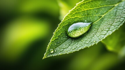 Close-Up of a Single Raindrop on a Lush Green Leaf with Soft Reflections and Gentle Light &ndash; Soothing and Captivating Nature Macro