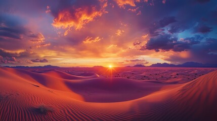 Stunning Panoramic Sunset Over Remote Desert Landscape: Vibrant Orange, Pink, and Purple Sand Dunes Under Dramatic Sky