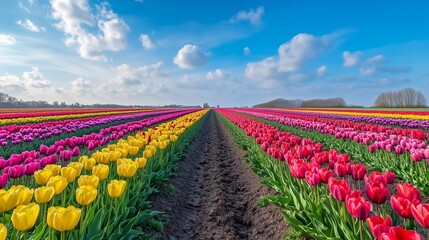 Vibrant Tulip Field in Full Bloom with Striking Colors Against a Brilliant Blue Sky &ndash; Red, Yellow, Pink, and Purple Flowers Stretching to the Horizon