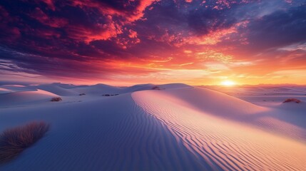 Dramatic Panoramic Sunset Over Remote Desert Landscape with Vibrant Orange, Pink, and Purple Sand Dunes &ndash; Capturing Vastness and Isolation