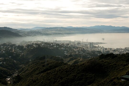Aerial view over wellington on a fogy day