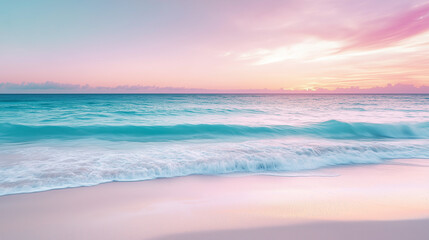 Serene Coastline at Sunset: Gentle Waves on Pale Sand with Pastel Gradient Sky - Soft Pinks, Purples, and Turquoise Water