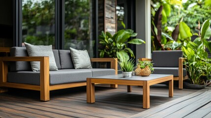 Fototapeta premium Stylish Outdoor Patio with Furniture and Plants
