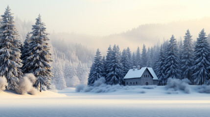 Tranquil Winter Wonderland: Pristine Snow-Covered Landscape with Ancient Castle/Cottage and Majestic Pine Trees Under Soft White Sky