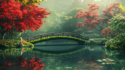 Moss-Covered Bridge in Tranquil Japanese Garden with Vibrant Red Maple Leaves and Calm Reflective Pond