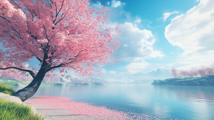Enchanting Cherry Blossom Tree in Full Bloom with Delicate Pink Petals Under Bright Blue Sky and Serene River