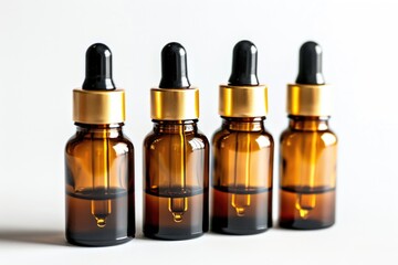 A group of three brown glass bottles with gold caps, suitable for use in product photography or as a decorative element