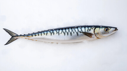 a whole mackerel with iridescent scales and ice chips against an isolated white background