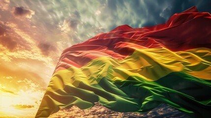 A bright rainbow-colored flag waving in the sky, great for patriotic or celebratory occasions