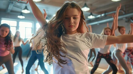 Group of young girls practicing ballet or other dance style in a studio setting