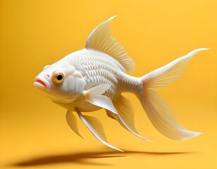 A white goldfish with large fins swimming against a yellow background