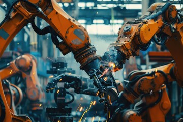 Group of robots assembling or repairing a metal part, great for industry and technology illustrations