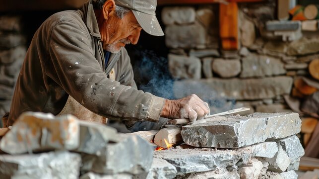 Skilled Mason Crafting Stone in Rustic Workshop