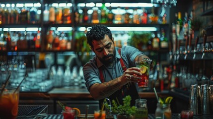 Fototapeta premium A man prepares a drink at a counter with a glass and various bottles