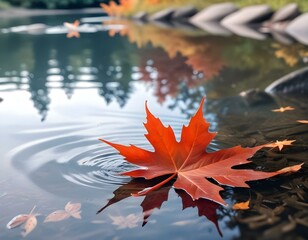 A red maple leaf floating on the surface of a calm, rippling body of water, with a blurred natural background