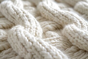 A close up of a white knitted blanket