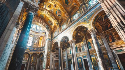 Fototapeta premium Splendor of Byzantine Architecture in an Illuminated Church Interior