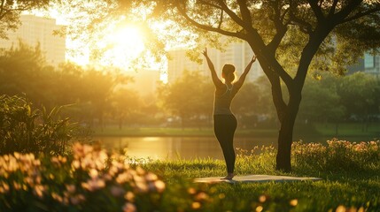Tranquil Park Setting at Sunrise with Fit Woman in Activewear Doing Yoga Pose