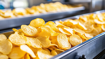 a modern potato chip factory production line, showing conveyor belts filled with freshly sliced potatoes