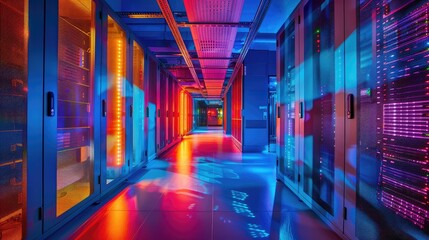 Fototapeta premium Vibrant Server Hallway Showcasing Futuristic Data Center Lighting