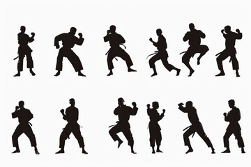 Group of people practicing martial arts outdoors at sunset, great for sport or fitness concepts