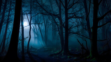 A foggy horror forest landscape at night, Halloween theme background