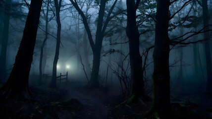 Obraz premium A foggy horror forest landscape at night, Halloween theme background