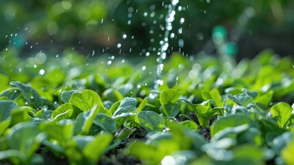 Fresh Green Vegetable Garden Being Watered