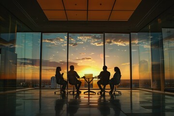 Group of people gathered around a table with a window view