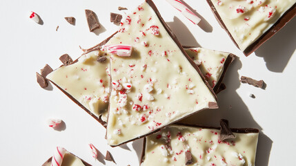 peppermint bark with a layer of dark and white chocolate topped with crushed candy canes against an isolated white background