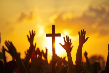 Group of people holding hands up towards a cross, a symbol of faith and worship