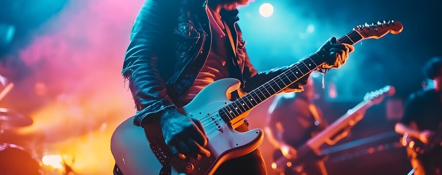 Guitarist Performing on Stage with Blue and Red Lights - Powered by Adobe