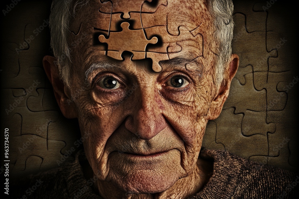 Sticker Neurocircuits Neural endurance Elderly man with puzzle pieces embedded in his face symbolizing memory loss and the cognitive challenges of aging