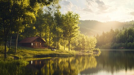 Fototapeta premium Serene lush summer landscape featuring a peaceful lake and a sunlit cabin surrounded by vibrant greenery. The tranquil scene captures the essence of nature's beauty with clear reflections on the water