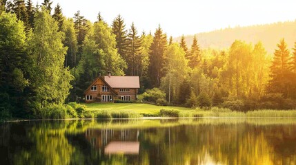 Obraz premium Serene lush summer landscape featuring a peaceful lake and a sunlit cabin surrounded by vibrant greenery. The tranquil scene captures the essence of nature's beauty with clear reflections on the water