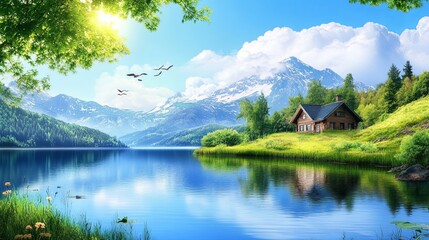 Naklejka premium Serene lush summer landscape featuring a peaceful lake and a sunlit cabin surrounded by vibrant greenery. The tranquil scene captures the essence of nature's beauty with clear reflections on the water