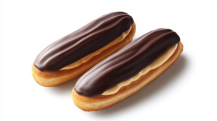two eclair with glossy chocolate glaze and creamy filling visible at the ends against an isolated white background