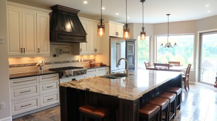 Fototapeta premium Luxurious Modern Kitchen with Central Island and Dining Area