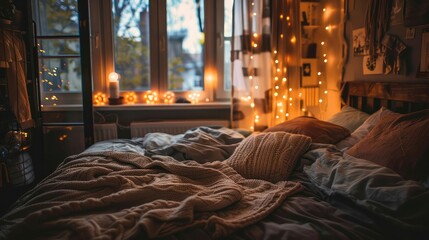 Cozy Bedroom with Warm Fairy Lights and Soft Bedding