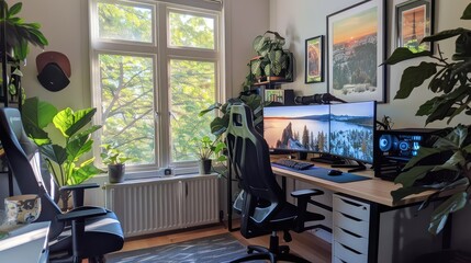 Fototapeta premium Bright and Modern Home Office with Dual Monitors and Greenery