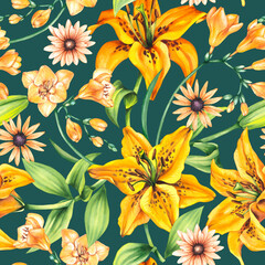 Watercolor botanical pattern. Lily, freesia and chrysanthemum hand drawn. Seamless plant pattern for designing clothes, textiles, fabrics, wallpapers and more. Lily pattern. Freesia pattern