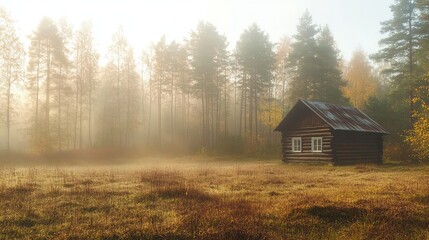 A misty autumn morning in a serene forest with soft fog enveloping the landscape, highlighting a sunlit cabin.