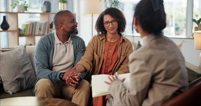 Marriage counseling, therapist and couple consultation on sofa for adoption guidance, healing and relationship advice. Psychology, support and people with counselor for discussion, commitment or love